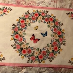 Non slip large rug for kitchen or bath rubber back nylon fibers floral butterfly